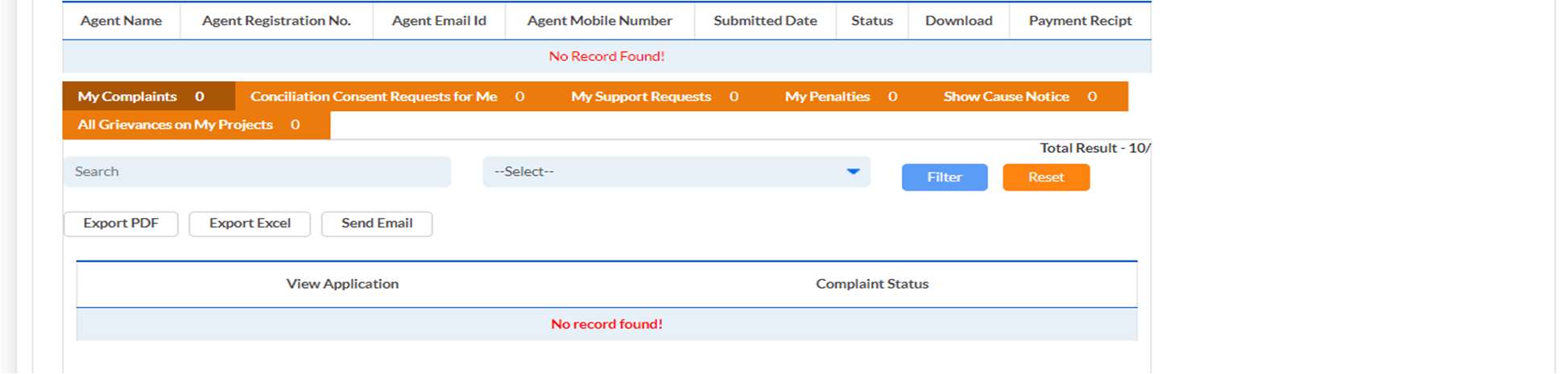 GujRERA Agent Dashboard Apply dropdown showing Apply For RERA Registration, Create Complaint/Conciliation, Create Review/Rectification on Judgement Order, and Create Support Request options