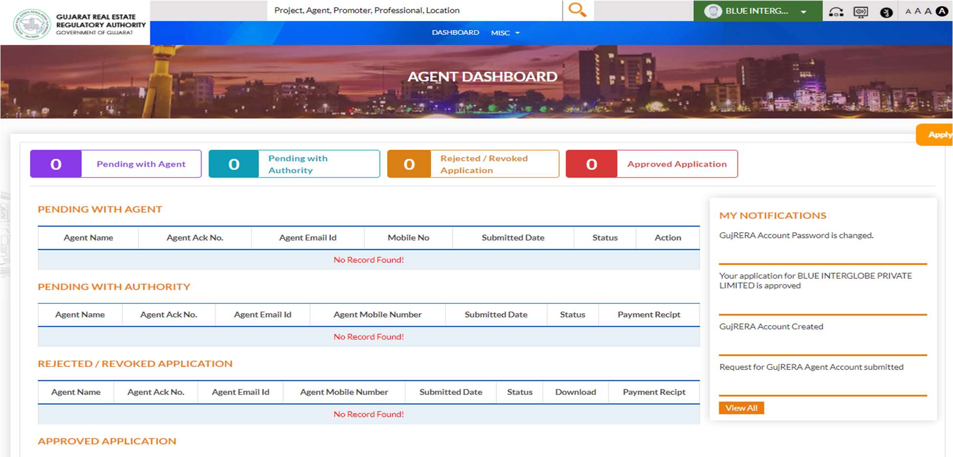 GujRERA Agent Dashboard showing four counters: Pending with Agent, Pending with Authority, Rejected/Revoked Application, and Approved Application — all at zero for a new account