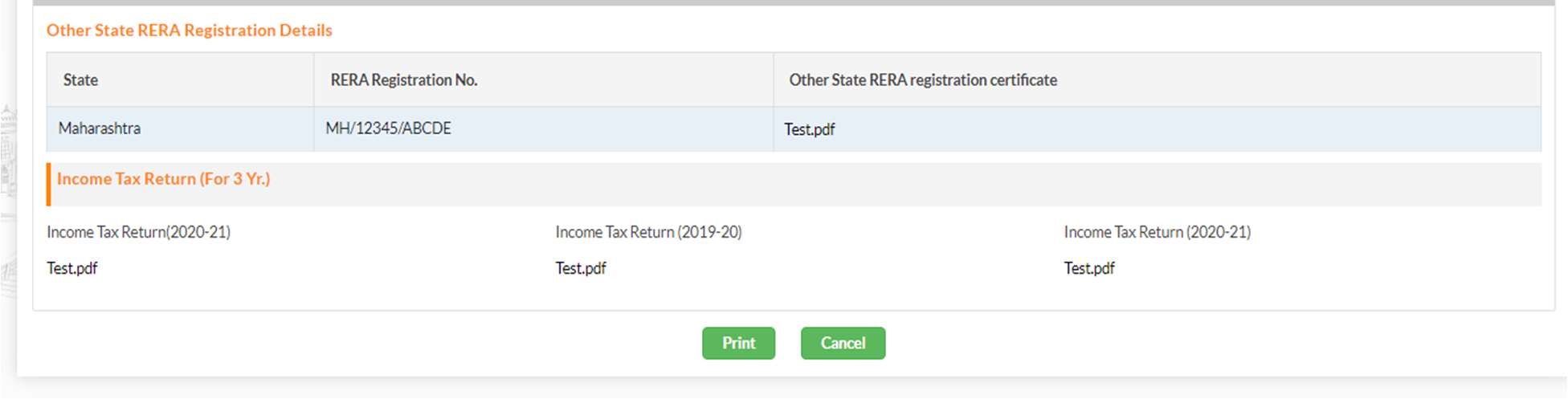 GujRERA Form G preview bottom section showing Income Tax Return (3 years), Other State RERA registration details, and Print and Cancel buttons