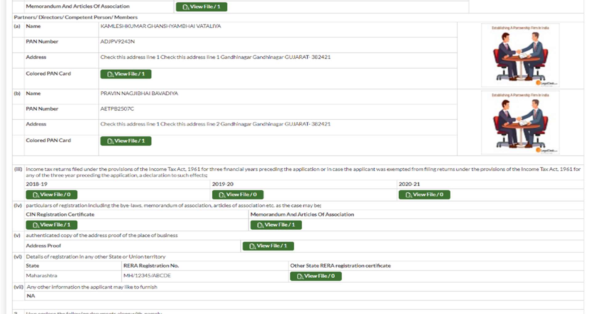 GujRERA Form G printed showing Associated Directors section with names and PAN numbers, Income Tax Return 3-year upload links, and Other State RERA registration details
