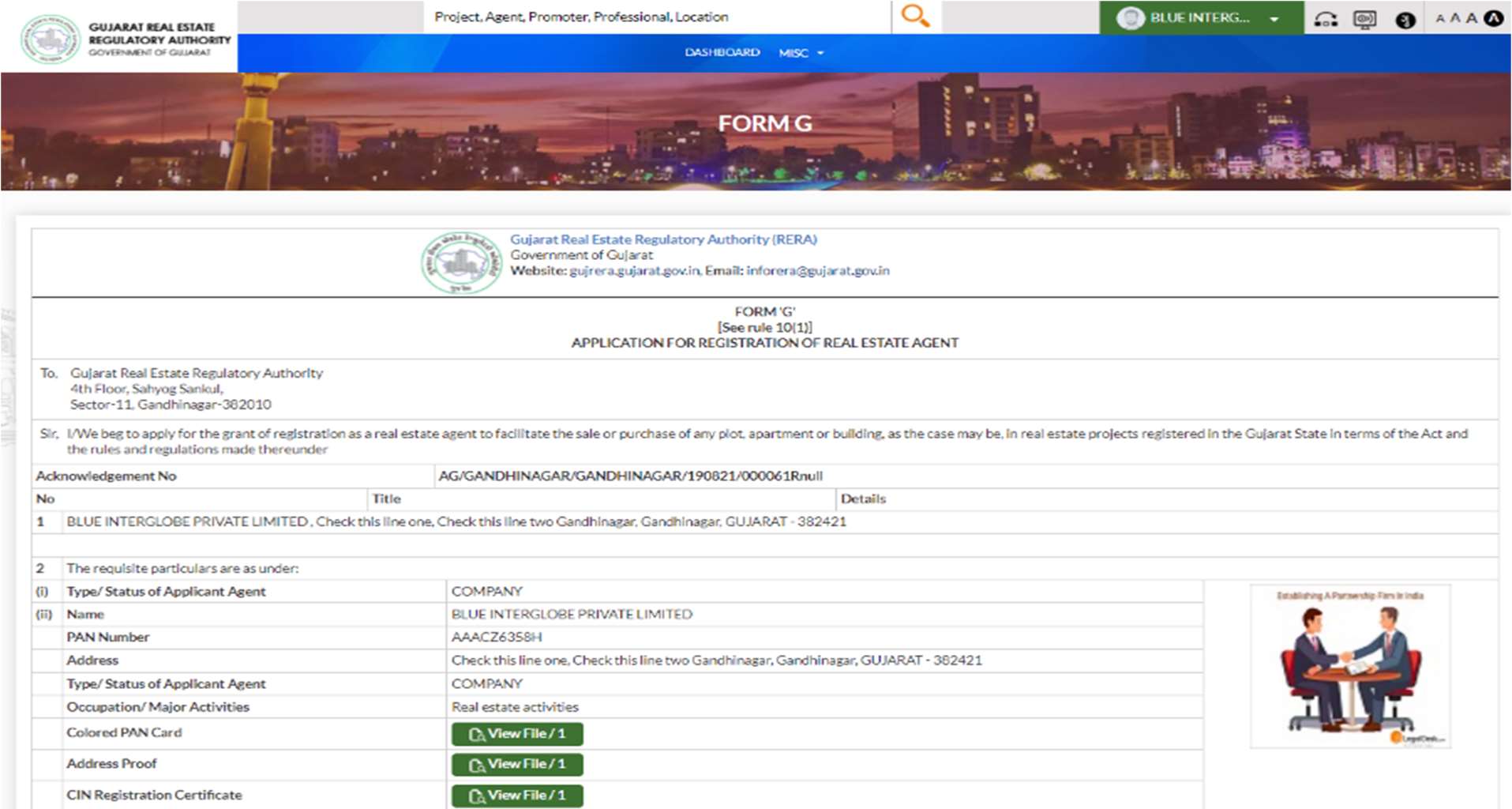 GujRERA Print Application screen showing Form G official document with Gujarat RERA letterhead, company KYC details including PAN, CIN, address, and uploaded document View File links