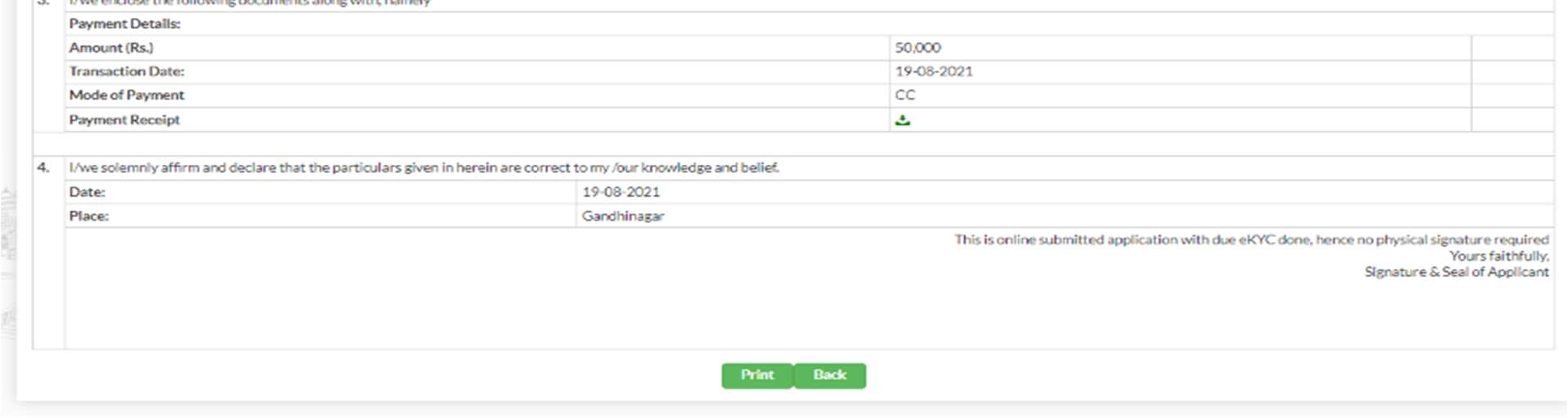 GujRERA Form G bottom section showing payment details with Amount Rs. 50,000, transaction date, mode of payment CC, declaration text, and Print and Back buttons