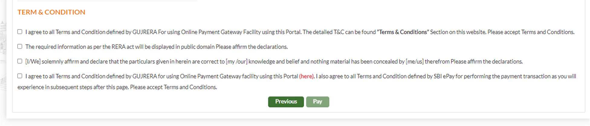 GujRERA Payment Terms and Conditions checkboxes showing four declarations that must be accepted before clicking Agree and Pay for agent registration fee