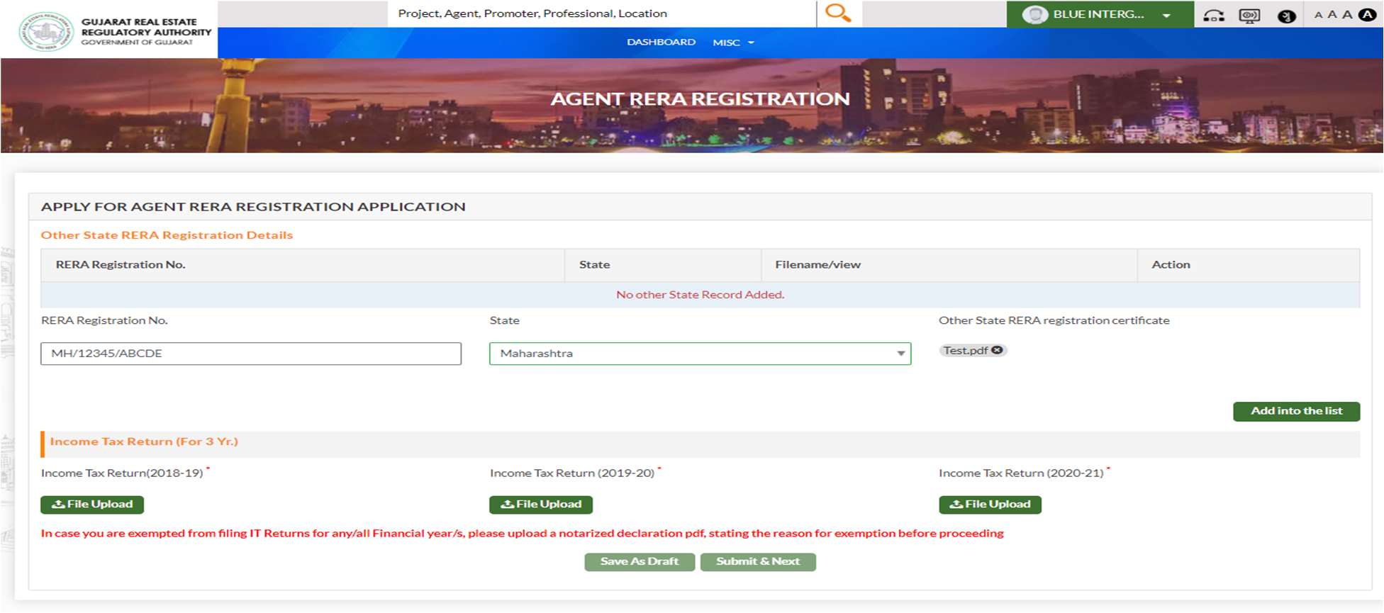 GujRERA Agent RERA Registration Application form showing Other State RERA Registration Details section with RERA Registration No., State dropdown, and Other State RERA certificate upload fields, and Income Tax Return (For 3 Yr.) section below