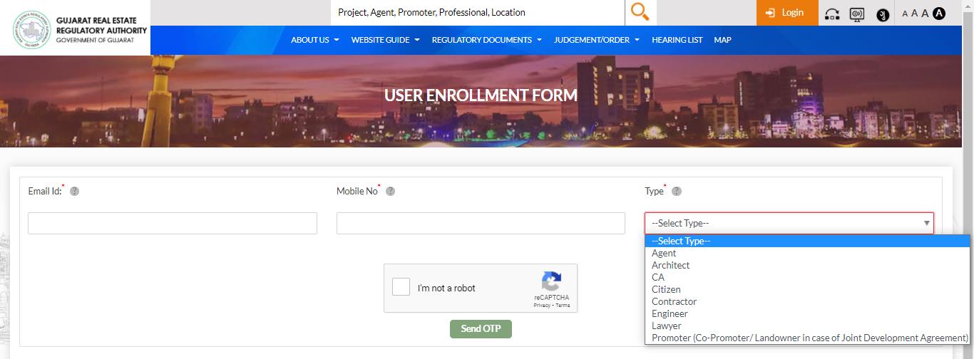 GujRERA User Enrollment Form with Email, Mobile and Agent type selected in dropdown