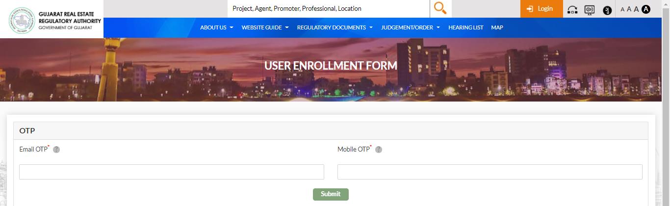 GujRERA OTP verification form for Architect account with Email OTP and Mobile OTP fields