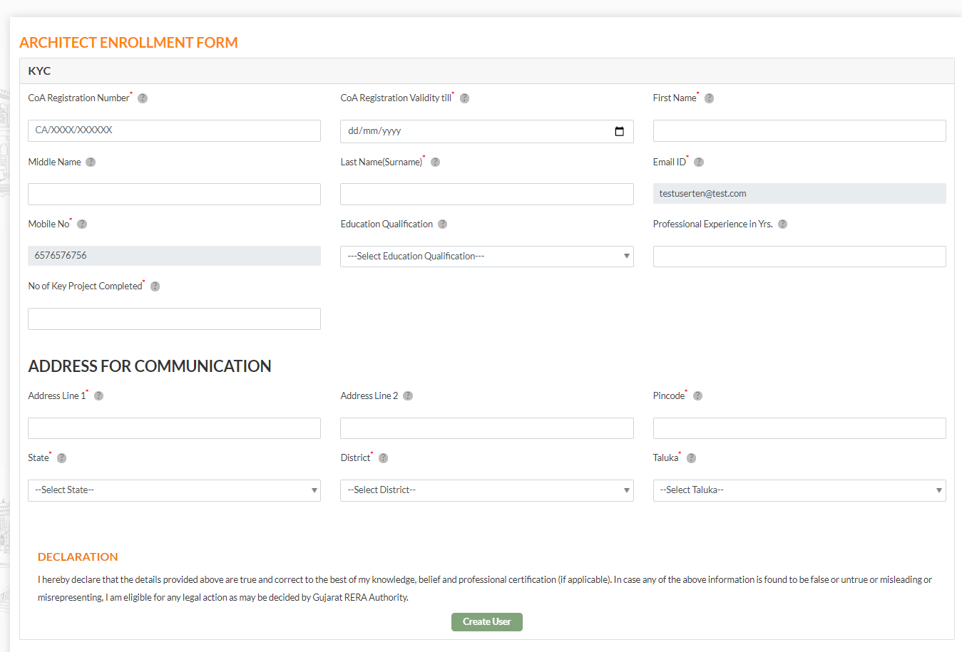 GujRERA Architect Enrollment Form showing CoA Registration Number, validity, name, qualification and address fields