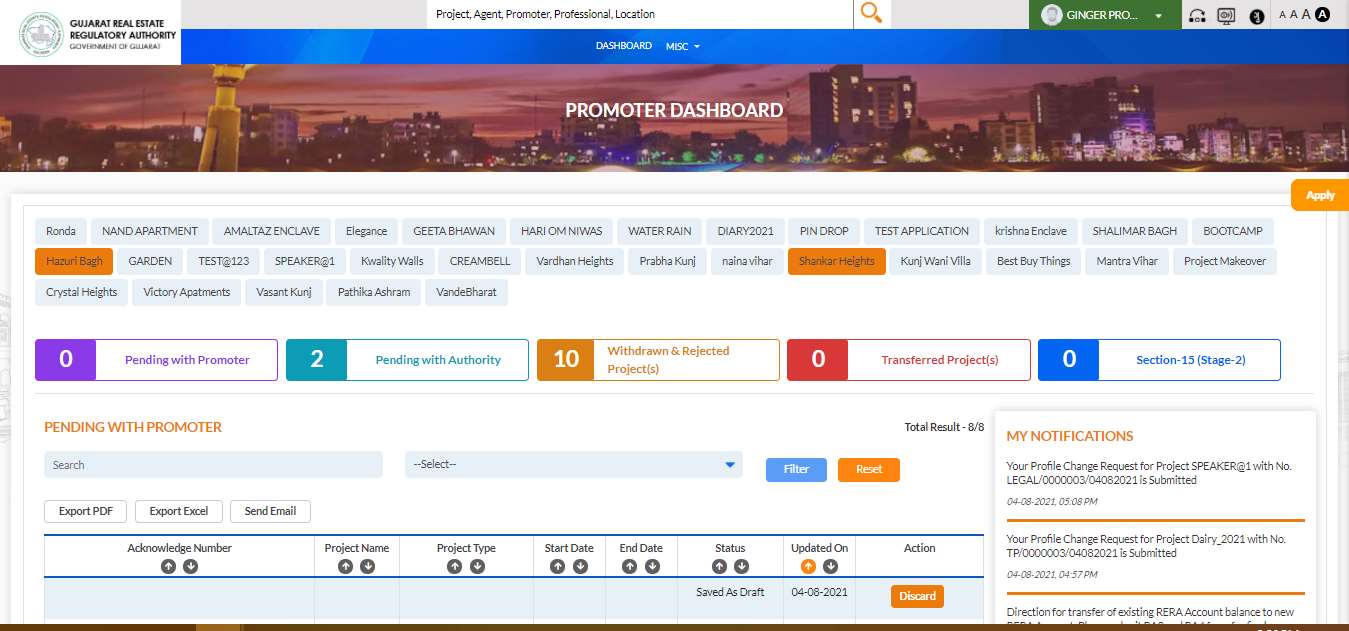 GujRERA Project Dashboard Apply flag dropdown showing Bank Change Request option along with other application types