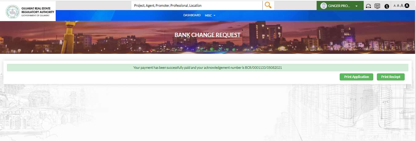 GujRERA Project Dashboard BCR section showing approved RA1+RA2 application with Pending Authority status and the initiate RA3+RA4 option