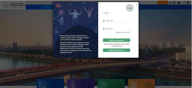 GujRERA Promoter Dashboard showing Approved Project tile with project name, registration number and dashboard summary tiles