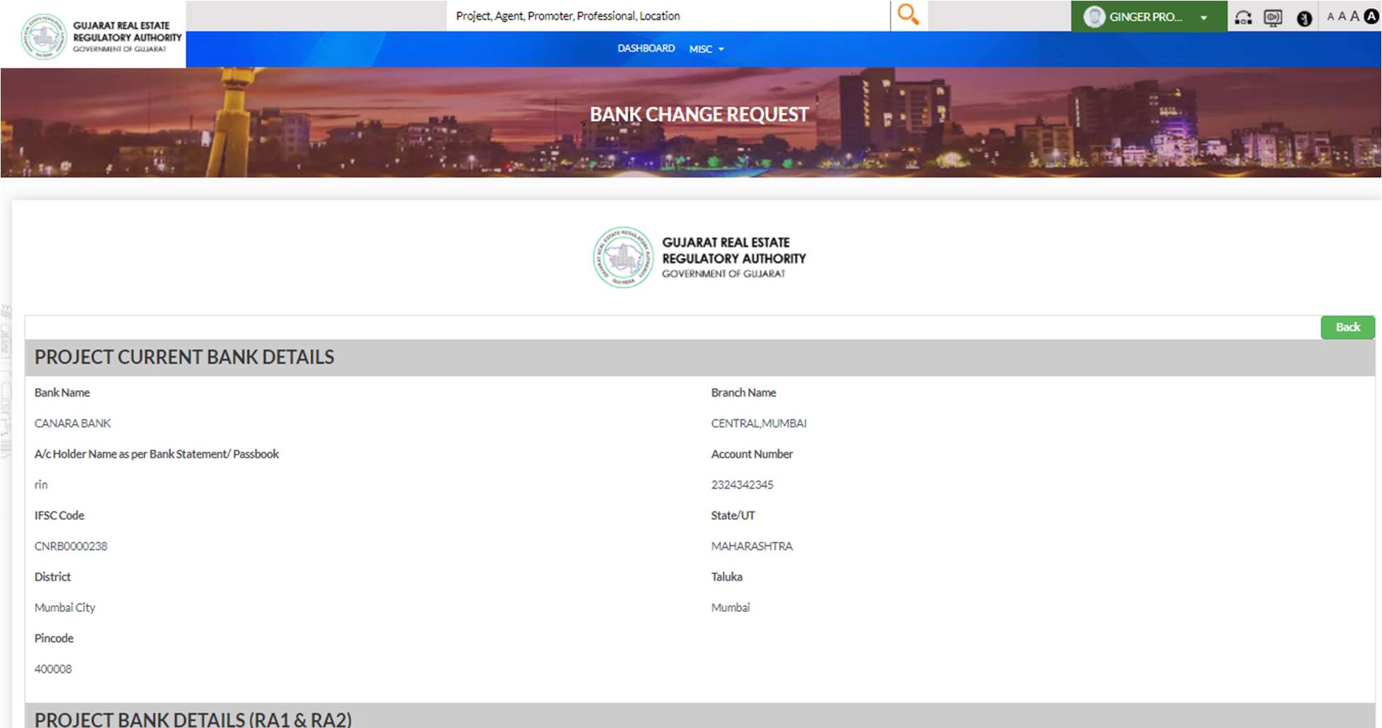 GujRERA BCR RA1+RA2 Acknowledgement screen showing Acknowledgement Number, project details, Print Application and Print Receipt buttons