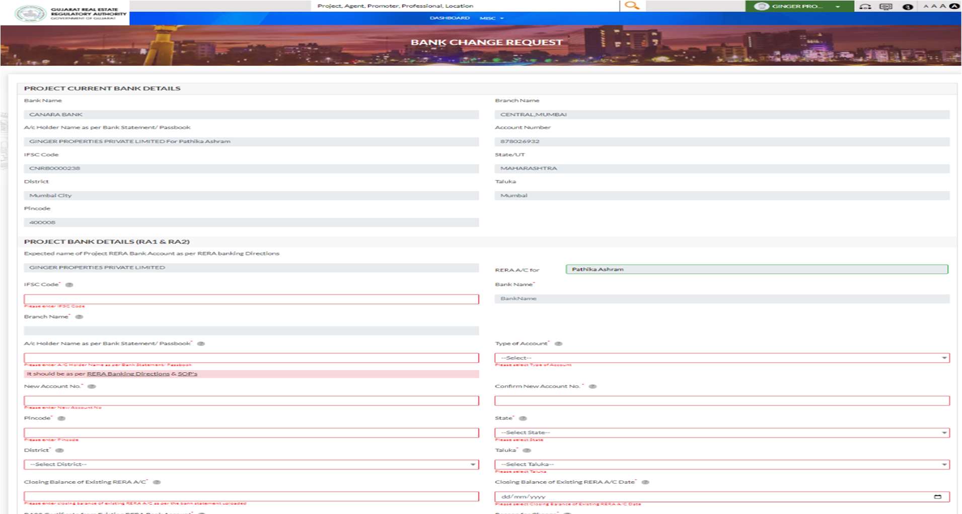 GujRERA BCR RA1+RA2 form showing existing bank account details auto-fetched from Form-A, reason for bank change dropdown, and upload fields for RA2 certificate and new bank passbook