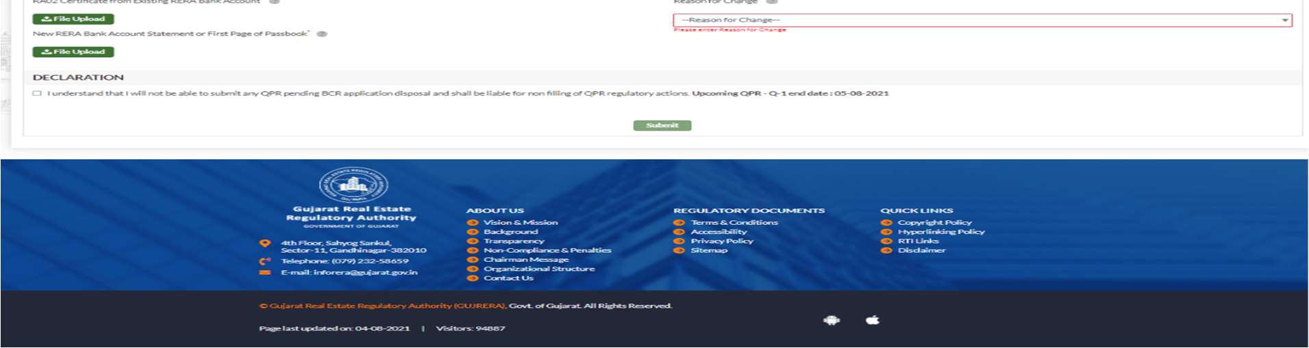 GujRERA BCR RA1+RA2 form Declaration checkboxes and Submit button at the bottom of the form