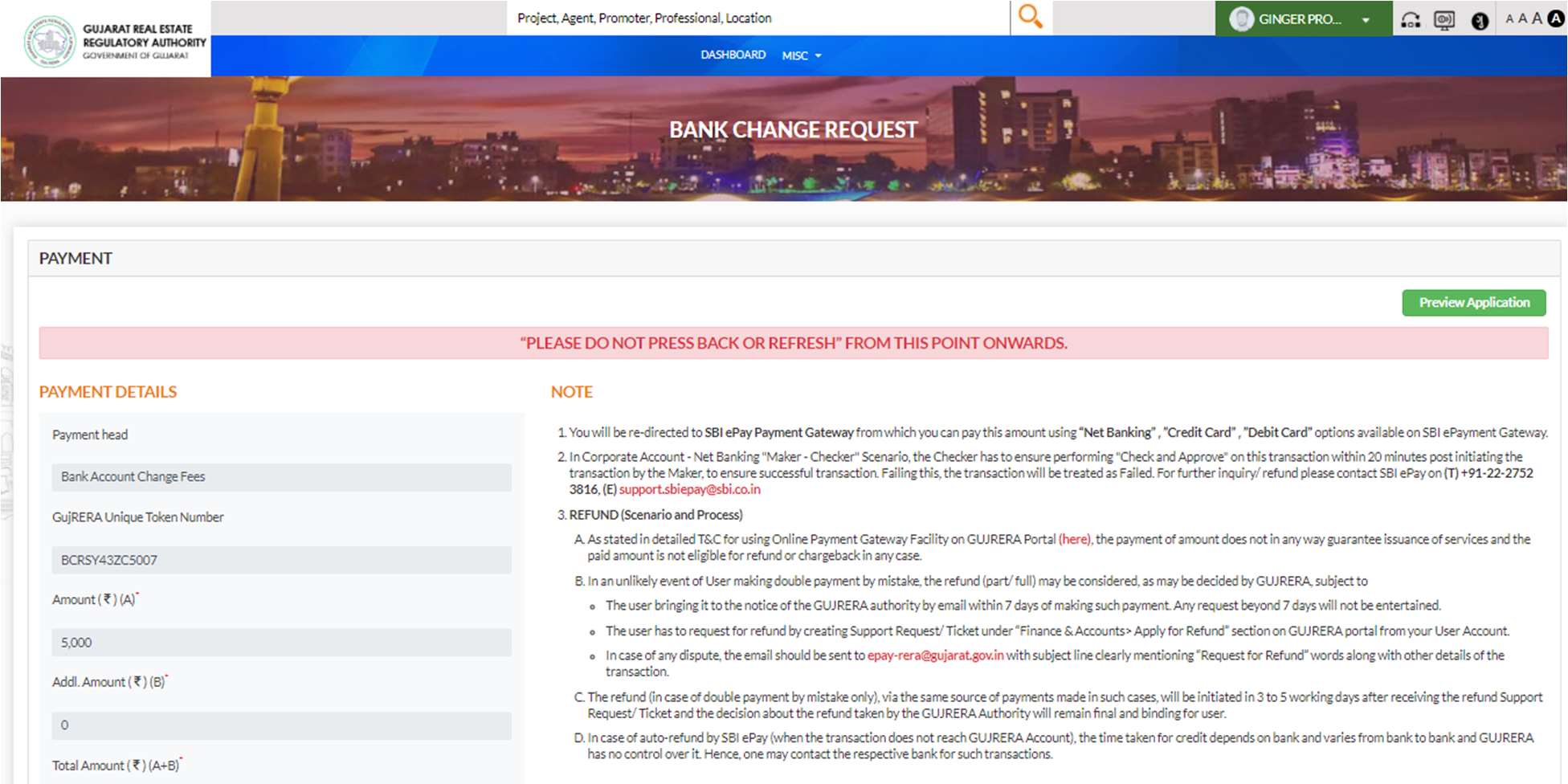 GujRERA BCR RA1+RA2 Preview Application button, declaration checkboxes and Agree and Pay button with payment details showing Token Number, Amount A and B