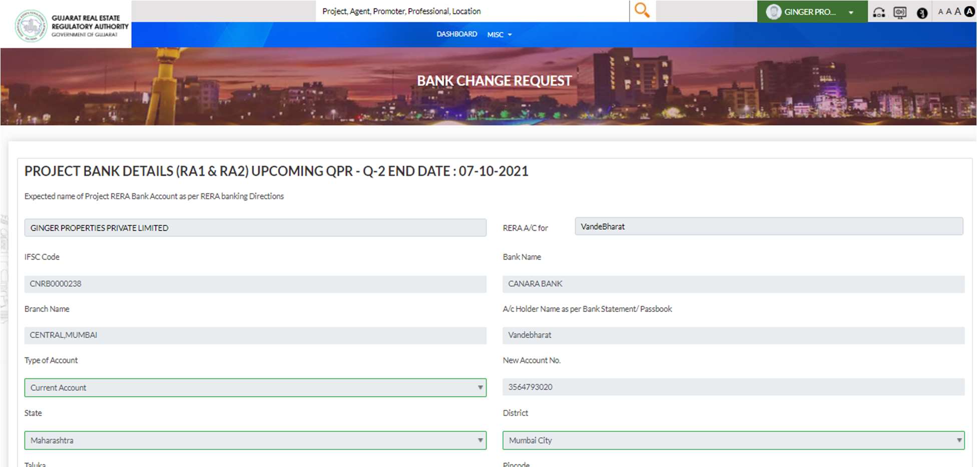 GujRERA BCR RA3+RA4 form showing read-only RA1+RA2 section above and open RA3+RA4 fields for Transferred Amount, Date, Upload RA3 and Upload RA4 with Submit button