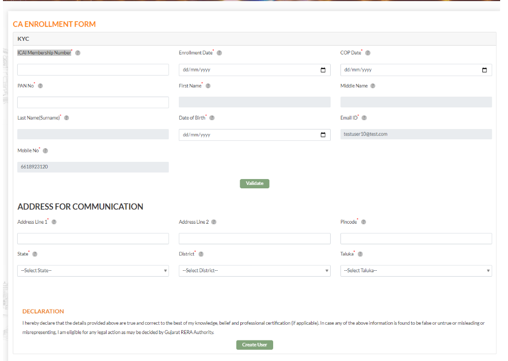 GujRERA CA Enrollment Form showing ICAI Membership Number, Enrollment Date, COP Date, PAN, Date of Birth and Validate button