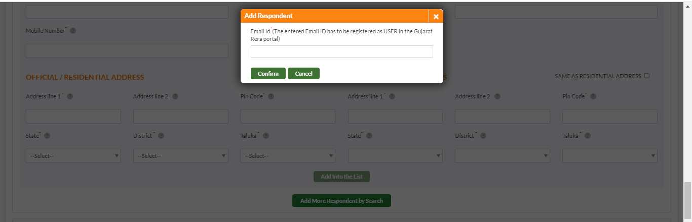 GujRERA Add Respondent popup modal showing Email Id field with note The entered Email ID has to be registered as USER in the Gujarat Rera portal, and Confirm/Cancel buttons
