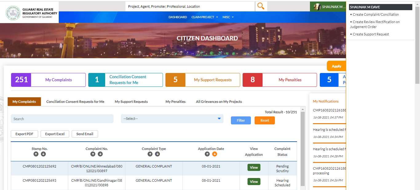 GujRERA Citizen Dashboard showing My Complaints tile with count 251, Conciliation Consent Requests for Me, My Support Requests, My Penalties, All Grievances tiles, and the right-side Create Complaint/Conciliation link in the SHAUNAK M DAVE user panel