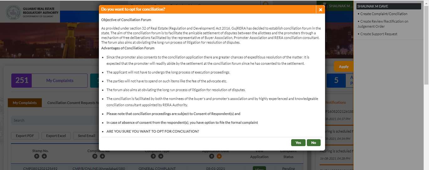 GujRERA popup asking Do you want to opt for conciliation showing Objective of Conciliation Forum, advantages bullet points, note about Consent of Respondent, and Yes/No buttons