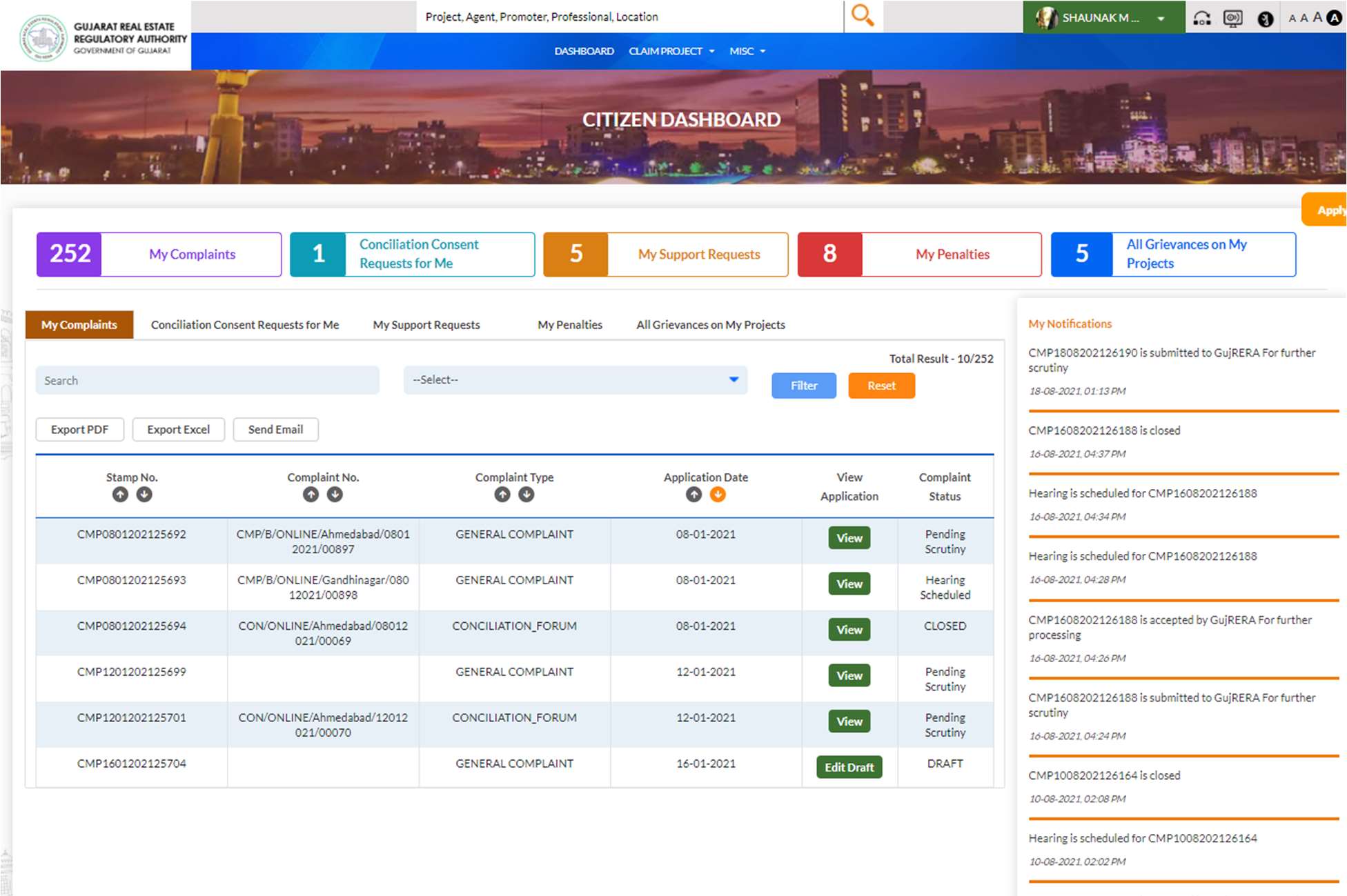 GujRERA Citizen Dashboard My Complaints tab showing complaint list table with Stamp No, Complaint No, Complaint Type GENERAL COMPLAINT, Application Date, View button and Complaint Status columns, with statuses including Pending Scrutiny and Hearing Scheduled, and My Notifications panel showing CMP submitted notifications on the right