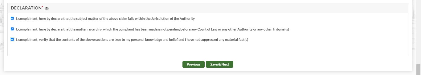 GujRERA ECOURT complaint form DECLARATION section showing three mandatory checkboxes all ticked and Save & Next and Previous buttons at the bottom