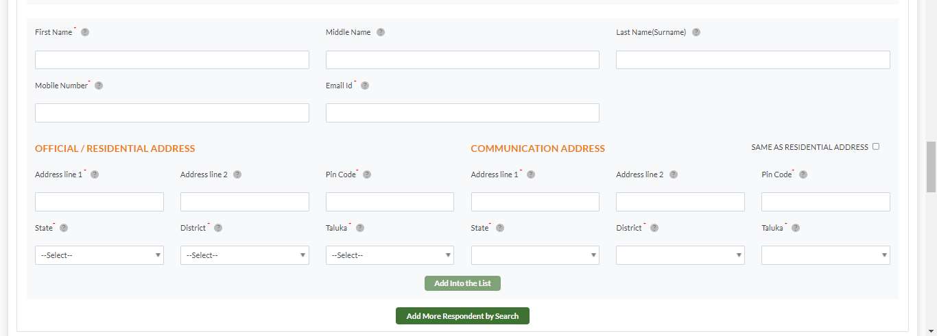 GujRERA ECOURT form showing empty respondent block with Add Into the List and Add More Respondent by Search buttons