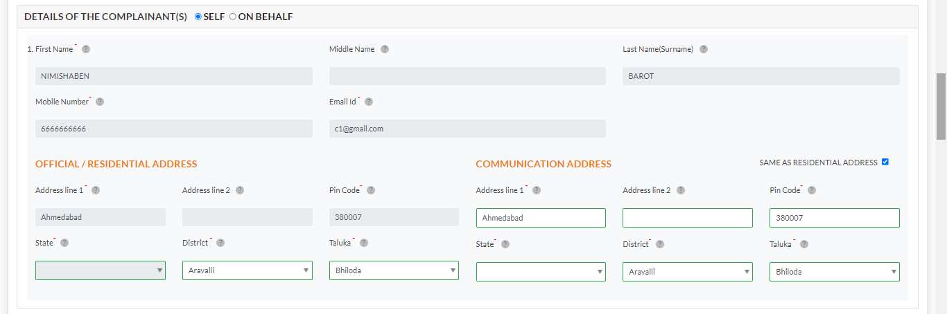 GujRERA ECOURT complaint form DETAILS OF THE COMPLAINANT(S) section showing SELF radio selected, first name NIMISHABEN and last name BAROT filled, mobile number and email fields, and Official/Residential Address with Communication Address side by side