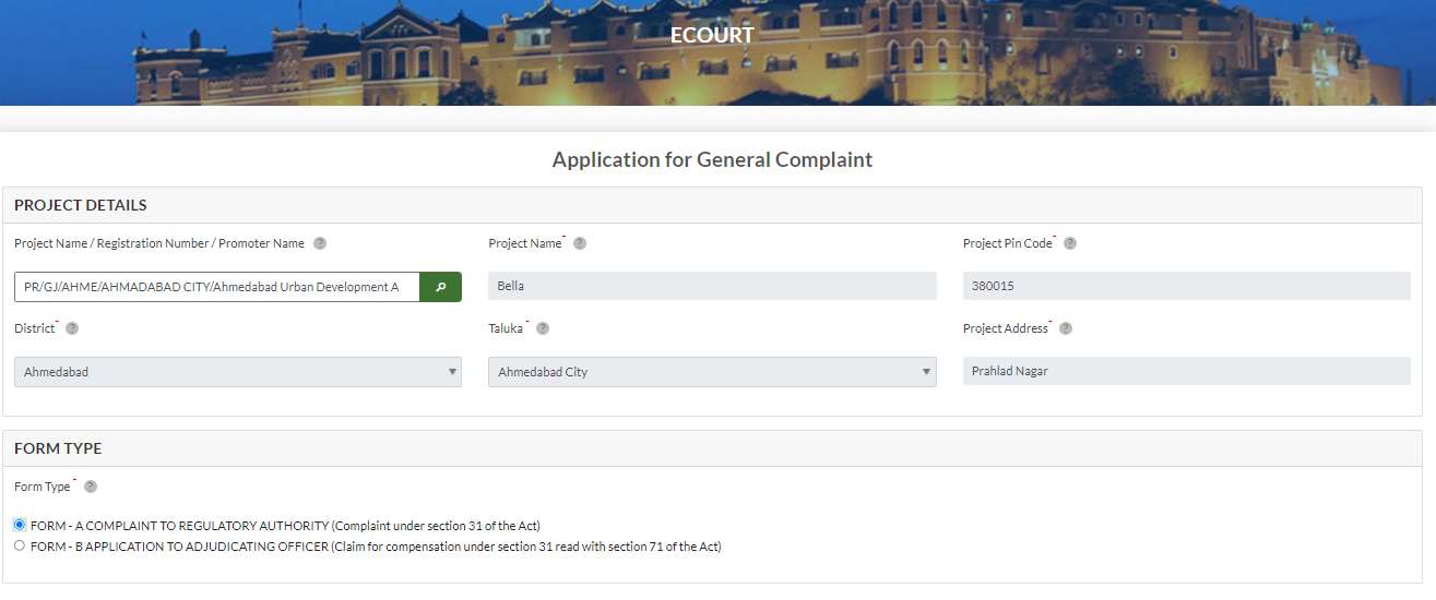 GujRERA ECOURT Application for General Complaint form showing PROJECT DETAILS section with project registration number search field filled with project data, and FORM TYPE section showing FORM-A radio selected for Complaint to Regulatory Authority under Section 31
