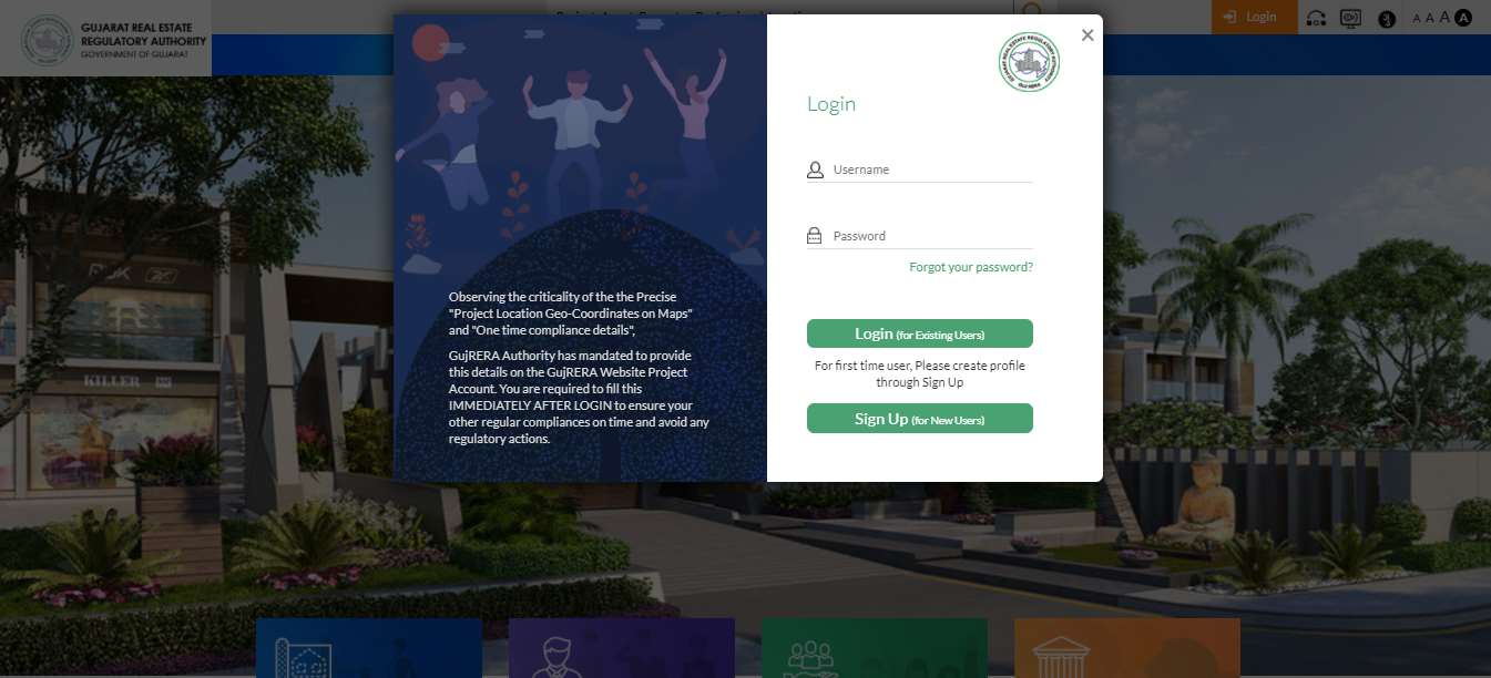 GujRERA login modal popup showing Username and Password fields, Forgot your password link, Login for Existing Users and Sign Up for New Users buttons