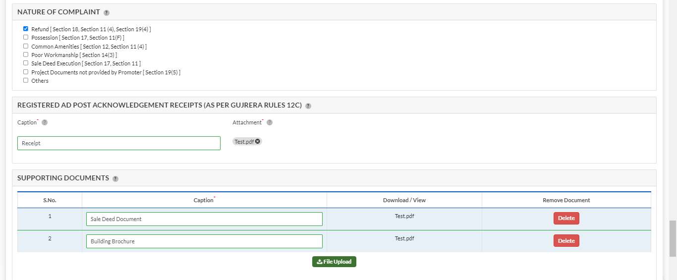 GujRERA ECOURT form showing NATURE OF COMPLAINT checkboxes with Refund ticked, REGISTERED AD POST ACKNOWLEDGEMENT RECEIPTS section with Caption Receipt and Test.pdf attached, and SUPPORTING DOCUMENTS table with Sale Deed Document and Building Brochure entries with Delete buttons