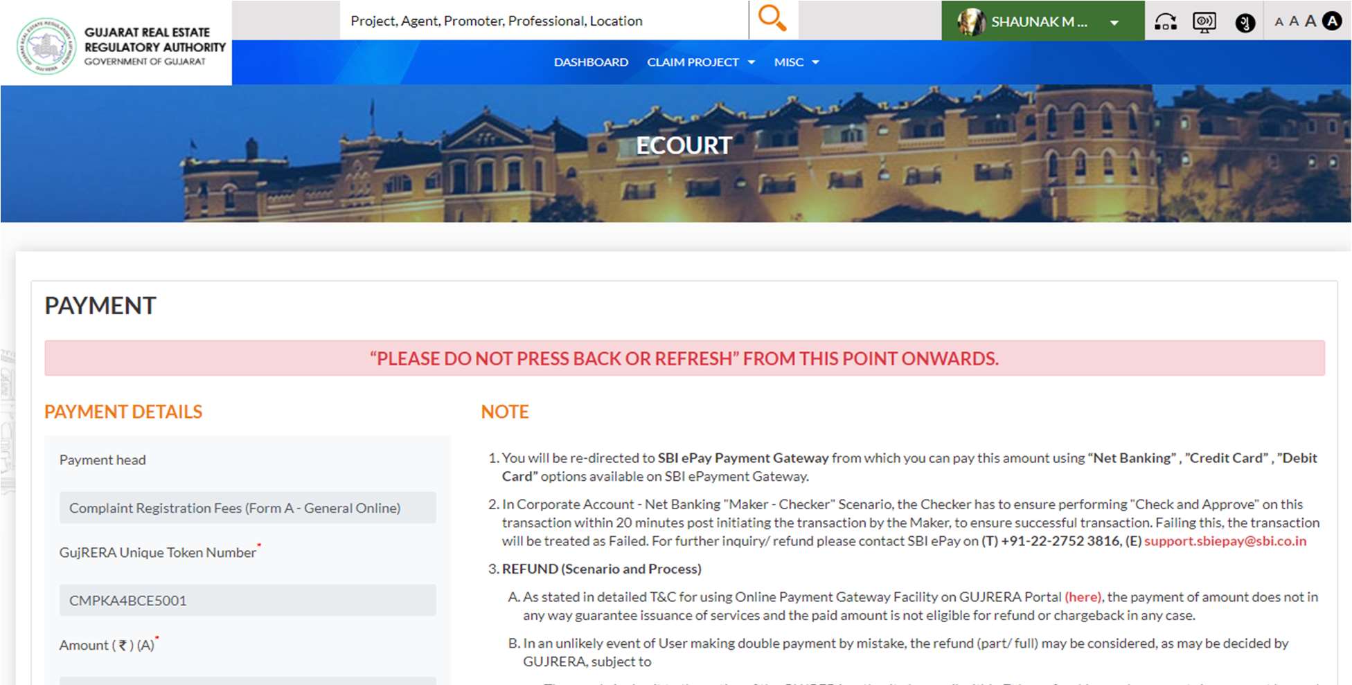 GujRERA ECOURT PAYMENT screen showing PLEASE DO NOT PRESS BACK OR REFRESH warning in pink, Payment head Complaint Registration Fees Form A General Online, GujRERA Unique Token Number CMPKA4BCE5001, Amount 1000, Addl Amount 0, Total 1000, and Terms and Conditions checkboxes