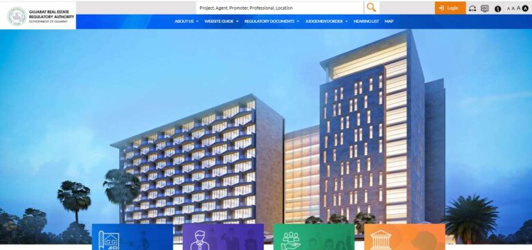 GujRERA portal homepage showing the Gujarat Real Estate Regulatory Authority header, navigation bar with About Us, Website Guide, Regulatory Documents, Judgement/Order, Hearing List and Map, and the Login button at the top right
