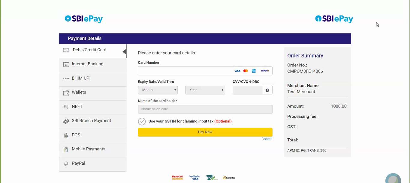SBI ePay payment gateway showing Debit/Credit Card tab selected with Card Number, Expiry Date, CVV fields and Pay Now button, and Order Summary on the right showing Amount 1000.00, Order No CMPOM3FE14006