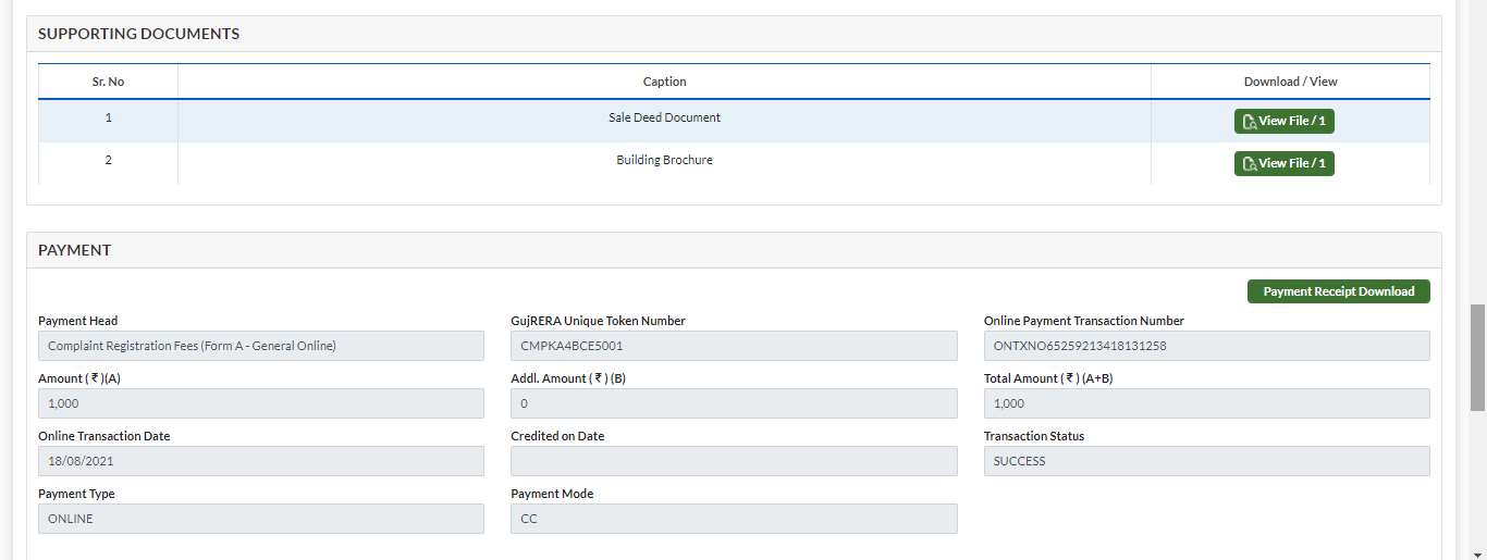 GujRERA ECOURT complaint view PAYMENT section showing Payment Head Complaint Registration Fees Form A General Online, GujRERA Unique Token Number CMPKA4BCE5001, Online Payment Transaction Number, Amount 1000, Addl Amount 0, Total 1000, Transaction Status SUCCESS, Payment Type ONLINE and Payment Mode CC, with Payment Receipt Download button