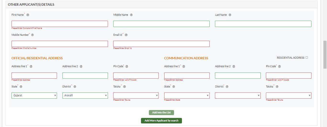 GujRERA Conciliation form OTHER APPLICANT(S) DETAILS block showing empty fields highlighted in red with Please Enter validation messages, Add Into the List button and Add More Applicant by search button