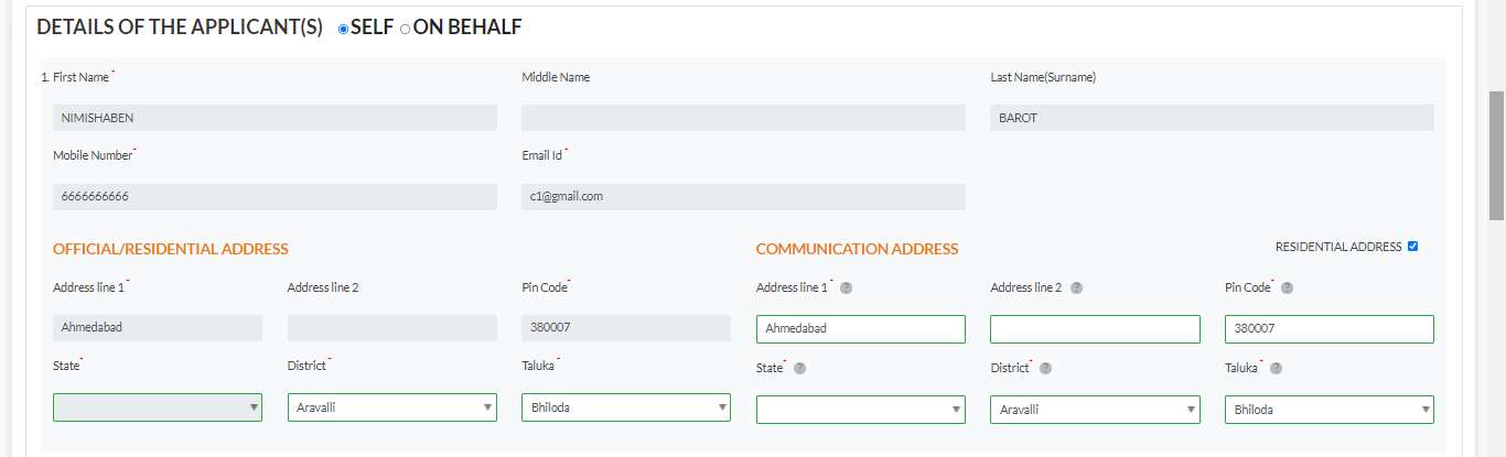 GujRERA Conciliation Registration form DETAILS OF THE APPLICANT(S) section showing SELF radio selected, first name NIMISHABEN last name BAROT, mobile 6666666666, email c1@gmail.com, Official/Residential Address Ahmedabad 380007 Aravalli Bhiloda, and Communication Address copied