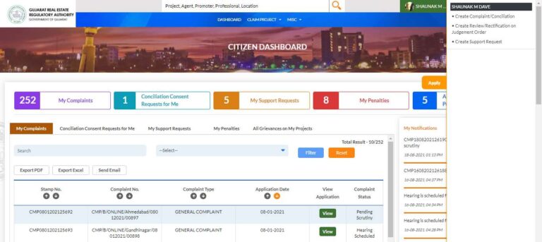 GujRERA Citizen Dashboard showing My Complaints count 252, Conciliation Consent Requests for Me count 1, My Support Requests and My Penalties tiles, and the right-side SHAUNAK M DAVE panel with Create Complaint/Conciliation link