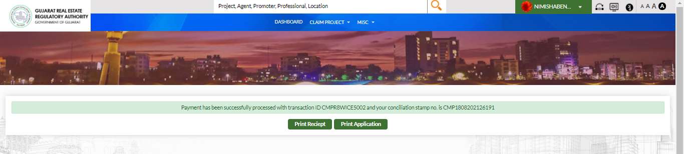 GujRERA ECOURT confirmation screen showing success banner with message Payment has been successfully processed with transaction ID CMPR8WICE5002 and your conciliation stamp no is CMP1808202126191, and Print Receipt and Print Application buttons