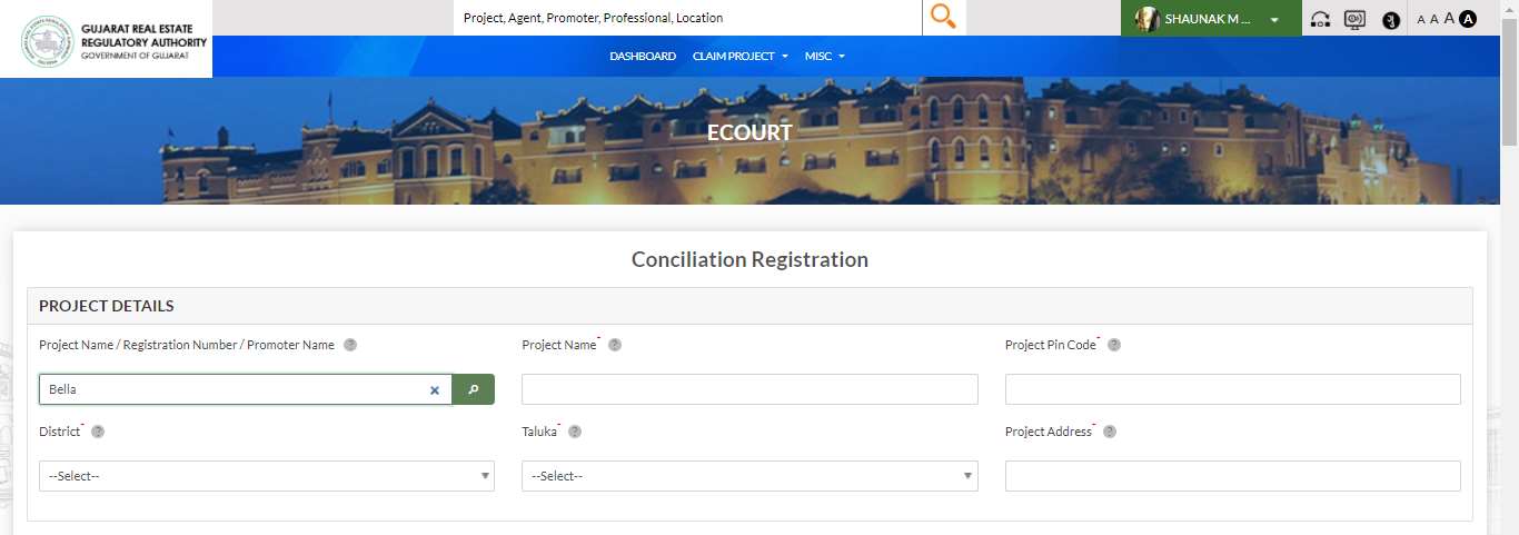 GujRERA ECOURT Conciliation Registration form showing PROJECT DETAILS section with search field containing Bella and search button, and empty District, Taluka, Project Address fields awaiting project selection