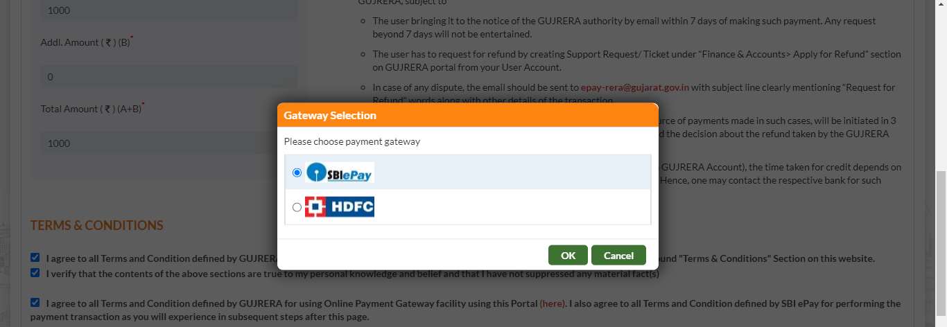 GujRERA Gateway Selection popup showing SBI ePay radio selected and HDFC option, with OK and Cancel buttons, over the Terms and Conditions section background