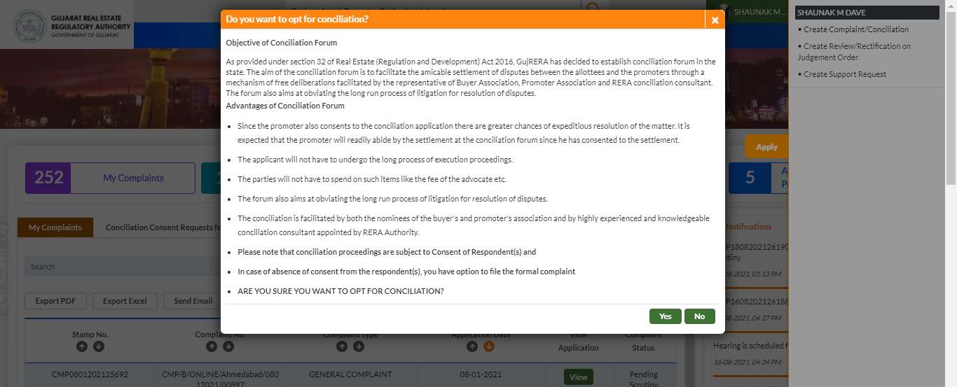 GujRERA popup showing Objective of Conciliation Forum, advantages including faster resolution and no advocate fees, note that conciliation is subject to consent of respondents, and Yes/No buttons