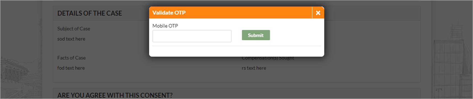 GujRERA Validate OTP popup with Mobile OTP field and Submit button, background showing DETAILS OF THE CASE with Subject and Facts fields and ARE YOU AGREE WITH THIS CONSENT section