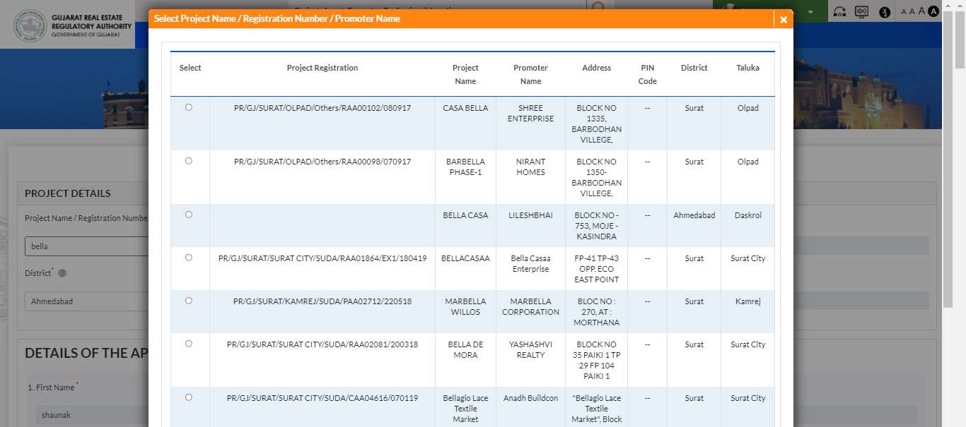 GujRERA project selection modal showing list of matching projects for search term bella including CASA BELLA, BARBELLA PHASE-1, BELLA CASA, BELLACASAA, MARBELLA WILLOS, BELLA DE MORA, Bellagio Lace Textile Market with Project Registration, Promoter Name, Address, PIN Code, District and Taluka columns