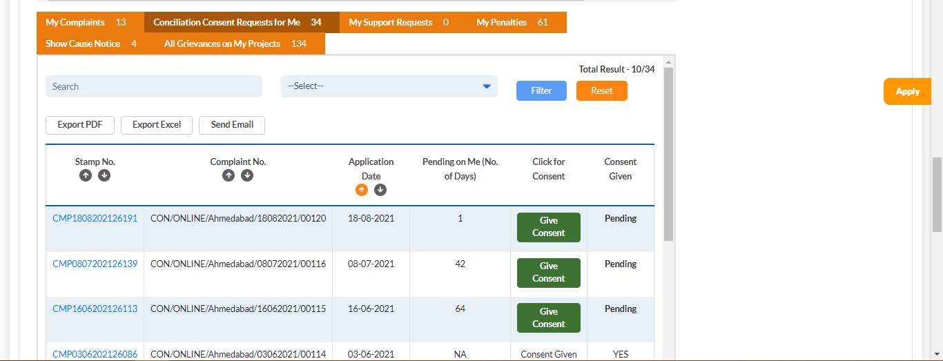GujRERA Promoter Dashboard Conciliation Consent Requests for Me tab showing table with Stamp No, Complaint No CON/ONLINE/Ahmedabad/18082021/00120, Application Date, Pending on Me days, Give Consent buttons and Consent Given status showing Pending for top entries and YES for the last entry