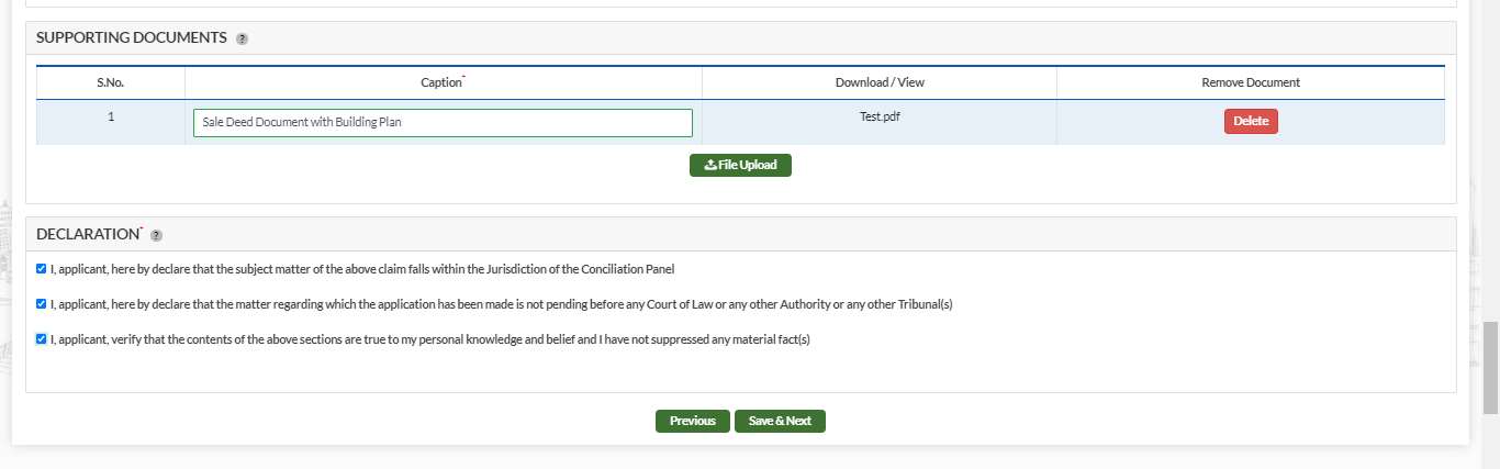 GujRERA Conciliation form SUPPORTING DOCUMENTS section with Sale Deed Document entry and File Upload button, and DECLARATION section with three checkboxes ticked including Conciliation Panel jurisdiction, and Save & Next button