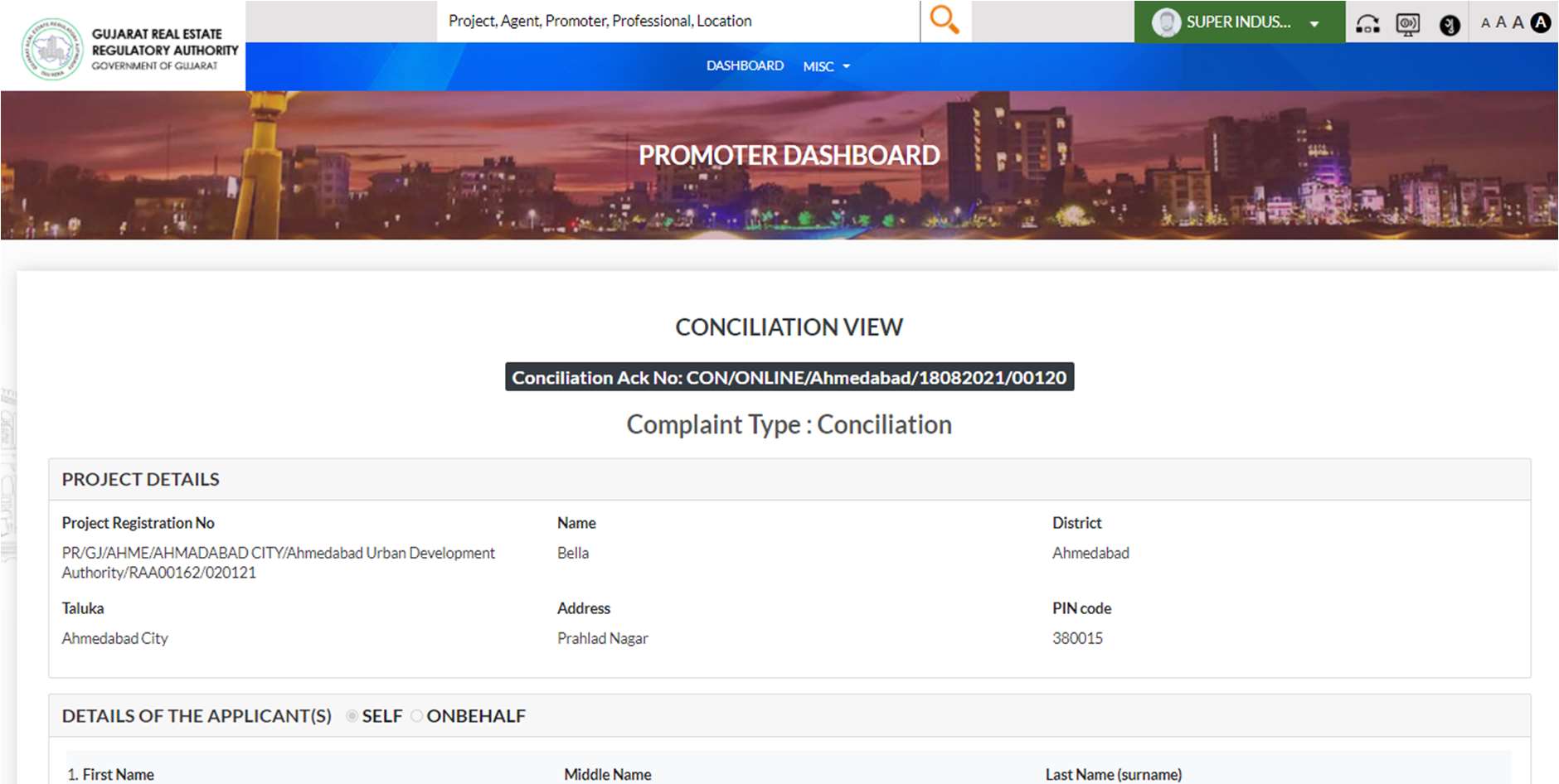 GujRERA Promoter Dashboard CONCILIATION VIEW showing header with Conciliation Ack No CON/ONLINE/Ahmedabad/18082021/00120, Complaint Type Conciliation, and PROJECT DETAILS section with project registration and name Bella, Ahmedabad