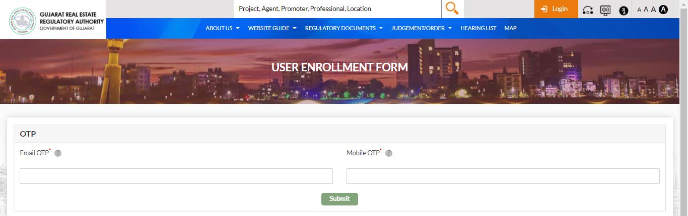 GujRERA OTP verification form for Contractor account with Email OTP and Mobile OTP fields