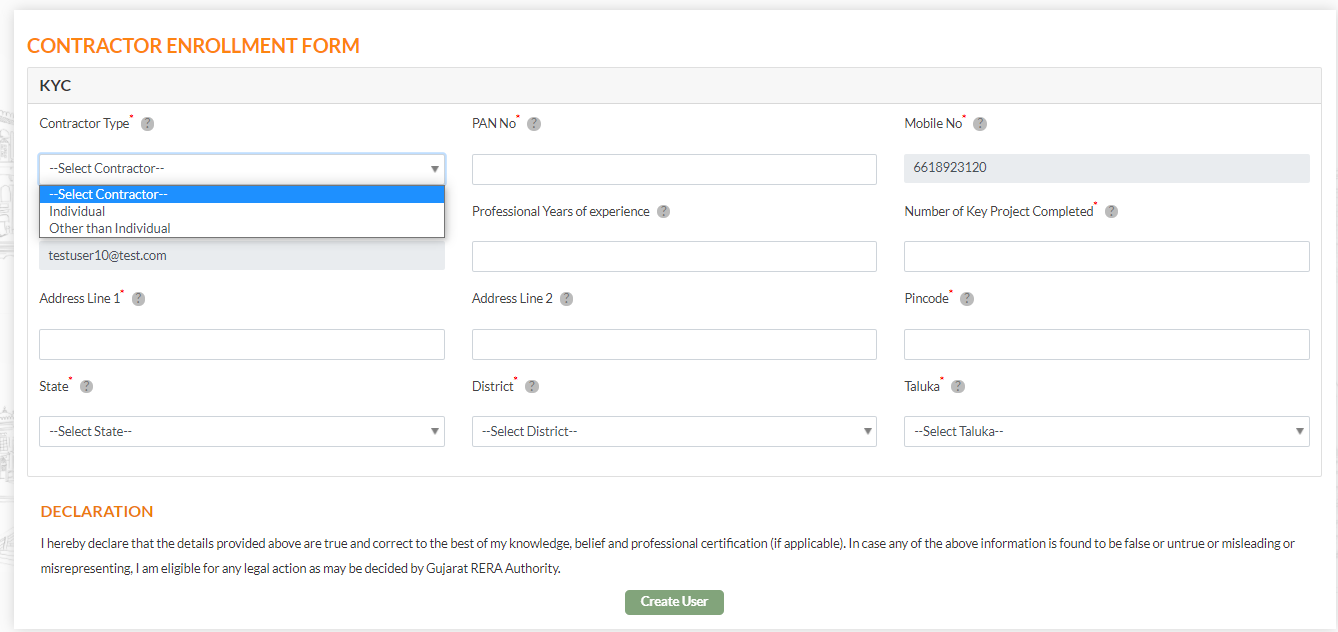 GujRERA Contractor Enrollment Form showing Contractor Type, PAN, experience fields and address section