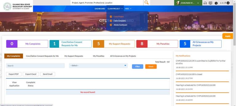 GujRERA Citizen Dashboard with CLAIM PROJECT dropdown menu expanded showing Claim Project, Claim Complaint, and Allottee Dashboard options