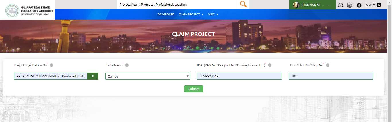 GujRERA Claim Project form showing Project Registration Number field, Block Name dropdown with Zumbo selected, KYC PAN number field, and Flat Number 101